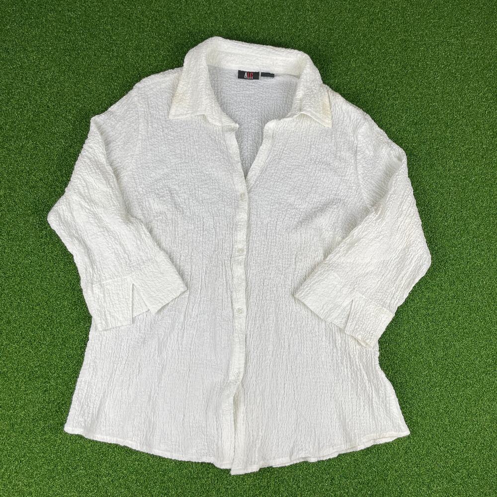 ALC Atlast Classics Woman White 3/4 Sleeve Crinkle Button Up Shirt Sz 1X
